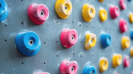 Aufkleber - Close-up of colorful pink, blue, and yellow climbing grips on a modern gray wall, showcasing a minimalist design for a dynamic indoor climbing environment