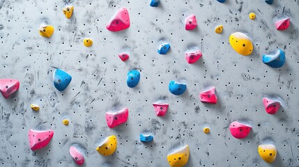 Aufkleber - Close-up of colorful pink, blue, and yellow climbing grips on a modern gray wall, showcasing a minimalist design for a dynamic indoor climbing environment