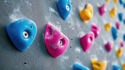 Aufkleber - Close-up of colorful pink, blue, and yellow climbing grips on a modern gray wall, showcasing a minimalist design for a dynamic indoor climbing environment