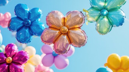 Poster - Glossy, flower-shaped balloons rising above colorful blossoms, creating a whimsical and magical garden vibe, ideal for event invitations and celebrations