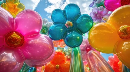 Poster - Glossy, flower-shaped balloons rising above colorful blossoms, creating a whimsical and magical garden vibe, ideal for event invitations and celebrations