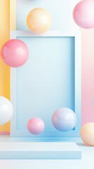 Poster - Colorful spheres floating around a pastel blue frame and platform