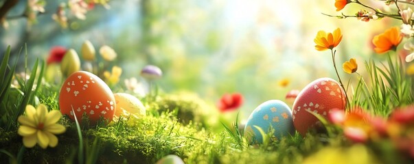 Wall Mural - Colorful easter eggs hiding in spring meadow
