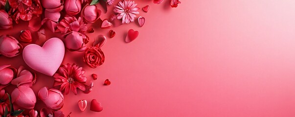 Poster - Pink heart, flowers, and petals forming a border on valentine's day