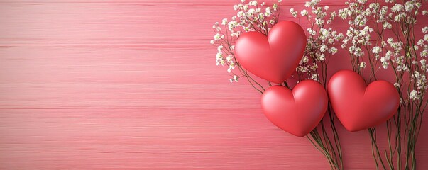 Poster - Three red hearts and gypsophila flowers creating romantic atmosphere on pink wooden background