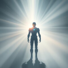 Wall Mural - Futuristic soldier silhouetted in bright light.