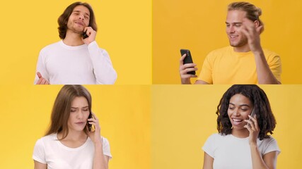 Poster - Four individuals of varying backgrounds interact with their mobile phones, showcasing smiles and gestures against a bright yellow background. The atmosphere is cheerful and lively.
