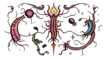 Wall Mural - Symmetrical artwork featuring a centipede and other creatures.