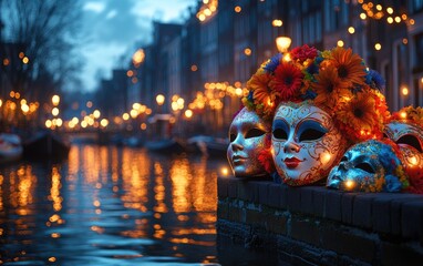 Enchanted revelry, Venice Carnival, people in elaborate masks, celebrating vibrant traditions, cultural heritage through stunning costumes, lively performances, creating magical atmosphere.