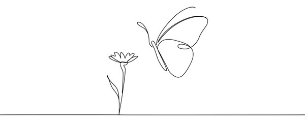 Wall Mural - Continuous one line drawing of beautiful butterfly and flower outline vector illustration.