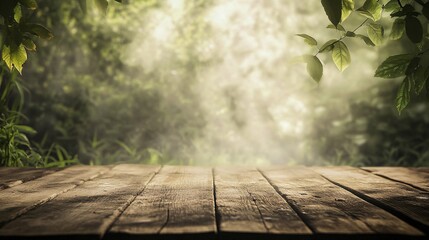 Aufkleber - Empty wooden table with blurred green forest background in the morning