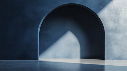 Aufkleber - Empty room with arch and sunlight creating geometric shadows on blue wall