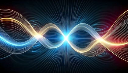 Poster - An abstract representation of digital waves, featuring intertwining patterns in blue, gold, and red, symbolizing energy and connectivity.