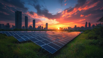 Solar energy revolution at sunset urban landscape nature photography vibrant atmosphere sustainable future