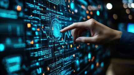Poster - Human Hand Interacting with Futuristic Digital Interface Showing Data Streams and Glowing Nodes
