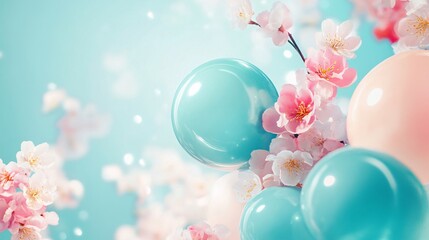 Aufkleber - Pink flowers blooming near glossy balloons on light blue background