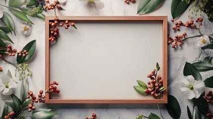 Poster - Wooden frame mockup surrounded by white flowers and orange berries on gray background
