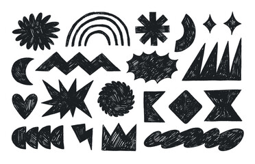 Fototapete - Crayon drawn funky style geometric shapes and figures. Doodle primitive forms with pencil texture. Hand drawn naive geometric shapes like stars, rainbow, heart, crown, cloud and zigzag.