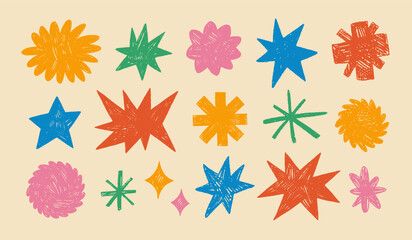Poster - Funky star shapes and figures with crayon texture. Brutal contemporary colorful star figures, flower and sun. Hand drawn primitive geometric elements. Swiss design aesthetic. Scribbles and scrawls.