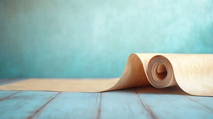 Rolled-up parchment paper lying on wooden table against teal background