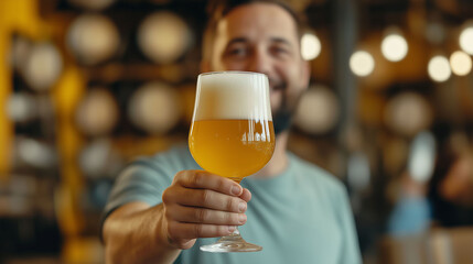 man showing his beer in glass for toasting, blurred bar background