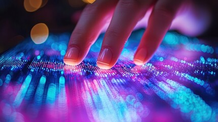 Poster - Interacting with a vibrant digital display, a fingertip gently touches the surface, creating radiant streaks of light in shades of blue and pink, evoking a futuristic and ethereal atmosphere.