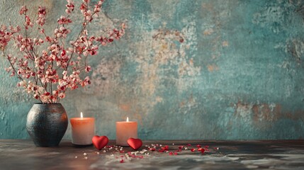 Poster - Pink flowers in vase with burning candles and red hearts creating romantic atmosphere