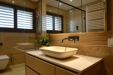 Interior of stylish bathroom with stylish sink, house plants and big mirror