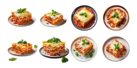 Wall Mural - Delicious Layered Lasagna on Elegant Plates,PNG set collection, isolated on transparent background