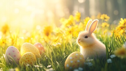 Wall Mural - Easter bunny sitting in green grass with decorated eggs and flowers at sunrise