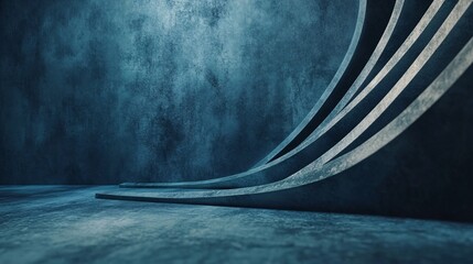 Fototapete - Abstract concrete structure emerging from the floor in a dark room, forming an elegant curve