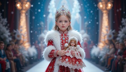 Wall Mural - very cute little Russian girl, Wearing red traditional Russian clothes walking down the runway as snow princess with diamond tiara, white fur coat and hat, holding doll wearing ornate dress, jewelry