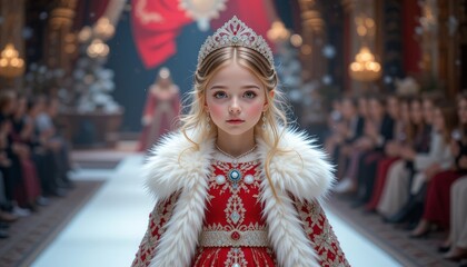 Wall Mural - very cute little Russian girl, Wearing red traditional Russian clothes walking down the runway as snow princess with diamond tiara, white fur coat and hat, holding doll wearing ornate dress, jewelry