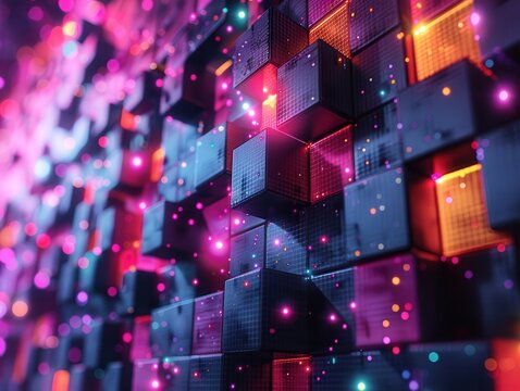 Vibrant Glowing Cubes Abstract Background, 3D Render of Geometric Shapes and Luminous Particles