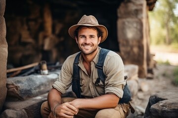 Wall Mural - Portrait of a smiling hiker sitting in front of a campfire