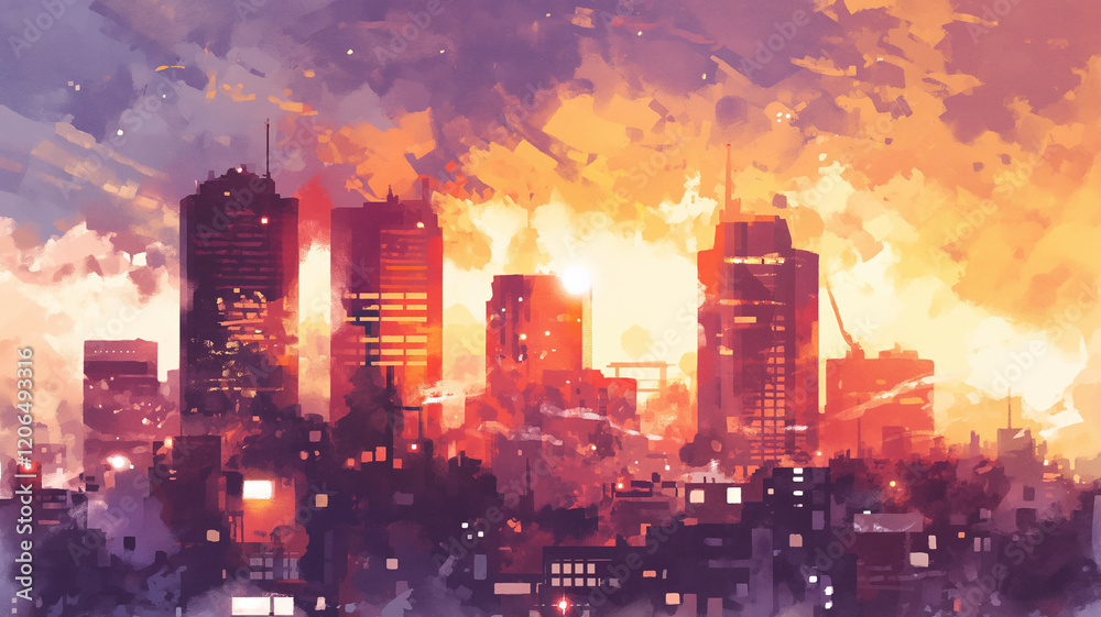 夕焼けに染まる都市の景色｜美しい夕暮れの風景イラスト。優しい水彩画