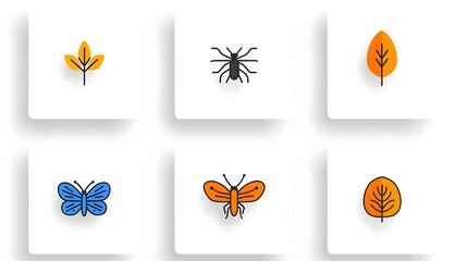 Leinwandbilder - Collection of 6 linear icons showcasing simple and modern of key botanical concepts such as ecosystem pollination leaf patterns and other natural science symbols in a linear minimalist style