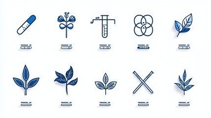Leinwandbilder - This image showcases a collection of 6 elegant linear botanical icons that feature detailed symbols representing plant DNA  chlorophyll  and various scientific leaf structures  These minimalist