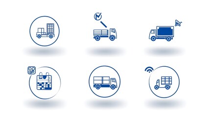 Poster - This image depicts a collection of 6 linear delivery truck icons that represent various aspects of the transportation and logistics industry  including express delivery services