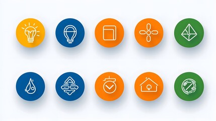 Aufkleber - Minimalist collection of 6 linear infographic icons showcasing various sustainable living solutions including energy efficient appliances  solar panels  and recycling symbols against a clean