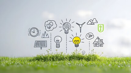 Poster - Comprehensive collection of green technology icons featuring renewable energy symbols such as solar panels  wind turbines  and eco friendly practices on a clean white background