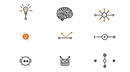 Fototapete - Collection of 6 linear icons of a set of icons representing intelligence digital brain deep learning algorithms and data cloud concepts on a white background  Creative for technology innovation