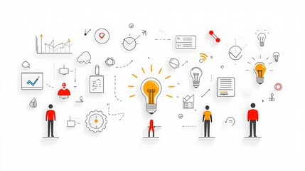 Aufkleber - A collection of linear icons and infographic symbols that visually represent the concepts of forward thinking solutions innovation strategy and the tools for success such as gears magnifying glasses