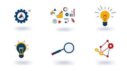 Poster - Collection of 6 linear icons representing Infographic Symbols for Forward Thinking Solutions  Featuring Gears Magnifying Glass and Idea Lightbulbs on a White Background