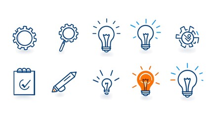 Poster - Collection of 6 linear icons showcasing Infographic Symbols for Forward Thinking Solutions  Featuring gears magnifying glass and idea lightbulbs on a white background