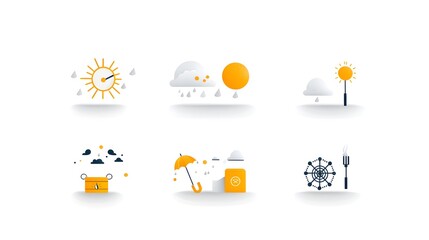 Poster - Collection of 6 minimalist and stylized two tone geometric weather icons representing various climate conditions such as thunderstorms  sunny skies  and winter snow in a simple and abstract design