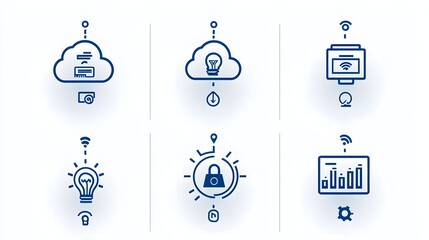 Fototapete - Collection of 6 linear icons depicting an efficient cloud computing network with synchronized data flow