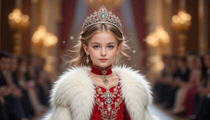 Wall Mural - very cute little Russian girl, Wearing red traditional Russian clothes walking down the runway as snow princess with diamond tiara, white fur coat and hat, holding doll wearing ornate dress, jewelry