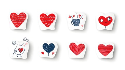 Leinwandbilder - Vibrant collection of various sized red heart shaped stickers featuring an assortment of unique textures  patterns  and designs  Perfect for creative projects  branding