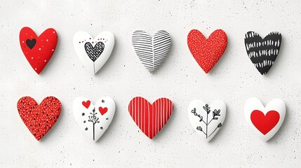 Leinwandbilder - Diverse collection of 6 linear heart shaped sticker icons featuring an array of unique textures  patterns